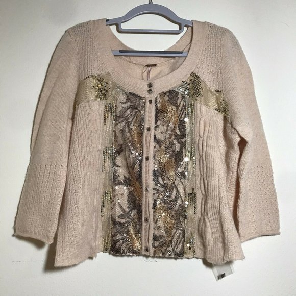 Free People Sweaters - NWT Free People Cardigan Wool Blend Sequins Tan